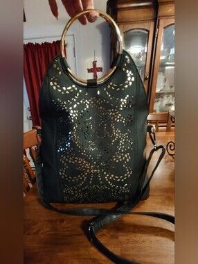 Black Laser-Cut Hobo Bag with Gold Ring Handles
